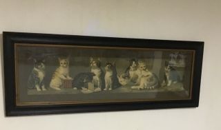 Old Antique victorian framed yard long yard of kittens cats picture art print 10