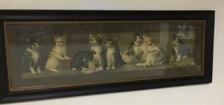 Old Antique victorian framed yard long yard of kittens cats picture art print 12