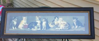Old Antique Victorian Framed Yard Long Yard Of Kittens Cats Picture Art Print
