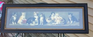 Old Antique victorian framed yard long yard of kittens cats picture art print 2