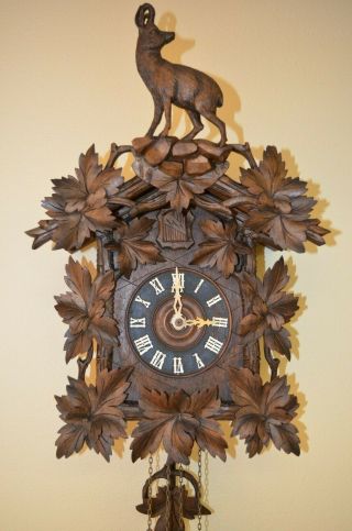 Antique German Black Forest Cuckoo Clock With A Ibex Goat On Top