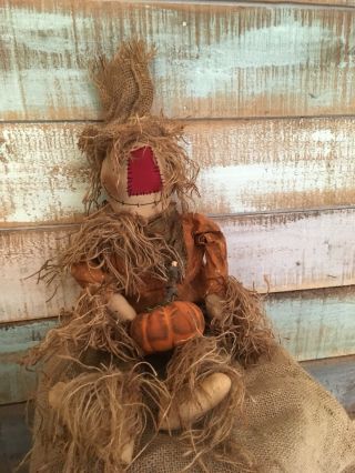 Primitive Grungy Scarecrow With His Pumpkin Doll Halloween Fall 26 "