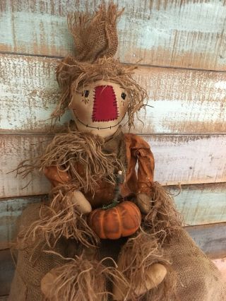 Primitive Grungy Scarecrow with his pumpkin Doll Halloween Fall 26 