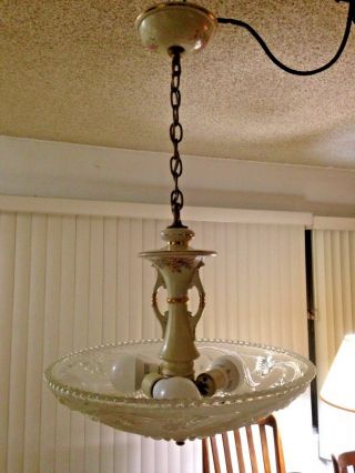 Antique Porcelier Porcelain Floral Ceiling Lamp With Frosted Glass Shade