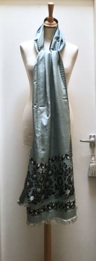 ANTIQUE SPITALFIELDS DUCK EGG BLUE SILK SHAWL,  STOLE.  GEORGIAN,  REGENCY 1805 - 1815 4