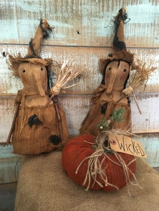 Primitive Folk Art Witch Doll Sisters Pumpkin Halloween Fall Sitter Gathering