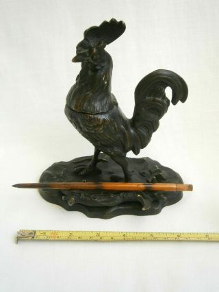 Antique Bronze Inkwell Rooster Animal Figure Ink And Pen Holder