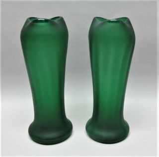 Gorgeous Kralik Art Nouveau Emerald Green Glass Vases C.  1910 Antique