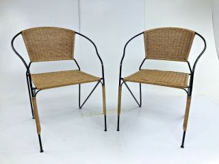 Vintage WICKER CHAIR PAIR mid century modern iron boho chic hairpin rattan Patio 12