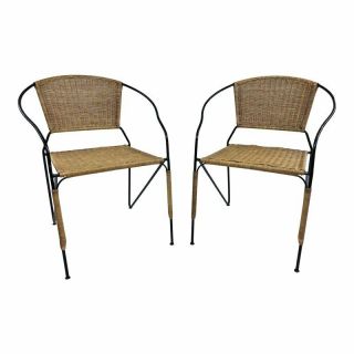 Vintage Wicker Chair Pair Mid Century Modern Iron Boho Chic Hairpin Rattan Patio
