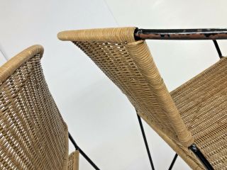 Vintage WICKER CHAIR PAIR mid century modern iron boho chic hairpin rattan Patio 7