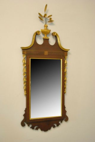 Chippendale Wall Mirror Carved Mahogany Flowers And Urn Gold Border And Accents