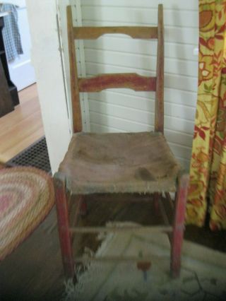 Antique Early Wood Ladderback Chair Orig Red Wash Crude Canvas Seat Xx Primitive