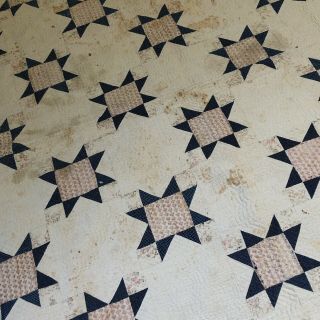 Antique Hand Stitched Blue Star Quilt 88” X 70”