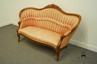 1920 ' s Victorian Antique Vintage Sofa / Settee with Tufted Salmon Upholstery 4