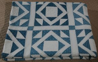 Antique Blue And White Cotton Patchwork Quilt Hand Quilted And Hand Pieced 67x86