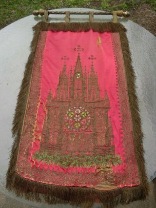 19th Century Antique Silk Goldwork Embroidery Tapestry 44 " X 26 " Gothic Church