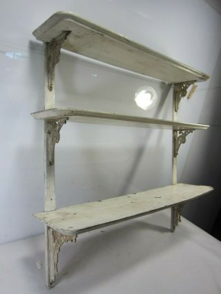 Antique 3 Tier White Wooden Shelf W/cast Iron Brackets