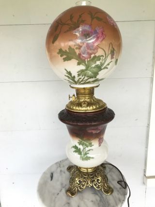 Antique Victorian Pittsburgh Gwtw Gone With The Wind Oil Lamp Handpainted Floral