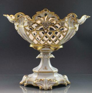 Lg C1890 French Old Paris Porcelain Reticulated Basket Centerpiece Gilt Gold