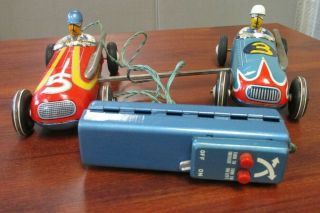 Vintage Alps Japan Tin Litho Battery Operated Twin Dual Side By Side Race Cars