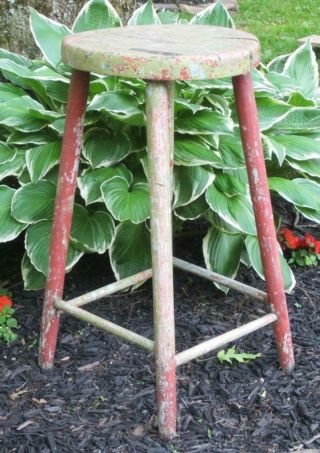Vintage Wood Stool Shabby Primitive Chippy Paint Chic Country Display Stand 27 " T