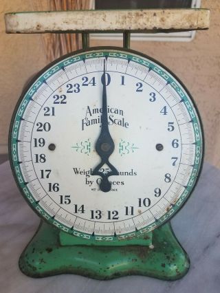 Vintage American Family Metal Scale 25 Lb.  Deco Farm Kitchen Decor Green Shabby