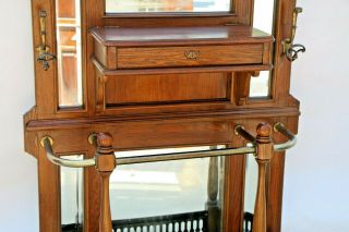 Vintage Oak Hall Tree Glove Box umbrella stand coat rack beveled mirrors 6