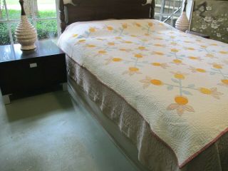 Vintage DENSELY QUILTED Antique All Cotton PINEAPPLE Applique Quilt,  Good 4