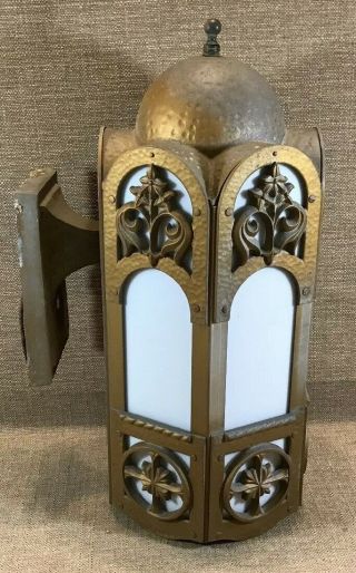Pair Vintage Metal Bronze ? Painted Gothic Mounted Wall Lantern Lamp Sconce 6