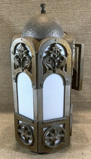 Pair Vintage Metal Bronze ? Painted Gothic Mounted Wall Lantern Lamp Sconce 8