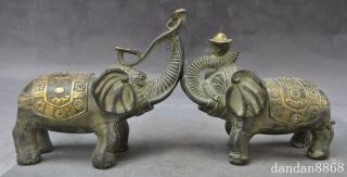 6 " Old Chinese Fengshui Bronze Gilt Ruyi Yuanbao Elephant Beast Lucky Statue Pair