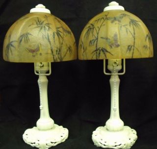 .  Rare Antique Pair (2) Signed Handel Butterfly & Bamboo Boudoir Lamps