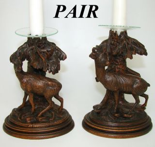 Antique Black Forest Carved Epergne Vase Or Candle Stand Pair,  Chamois & Ibex