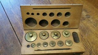 Vintage Brass Scale Weights In Wooden Box