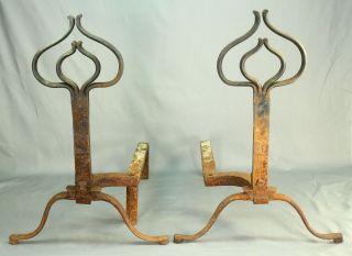 Antique American Wrought Iron Pair Fireplace Andirons,  Marked W.  H.  Sexton