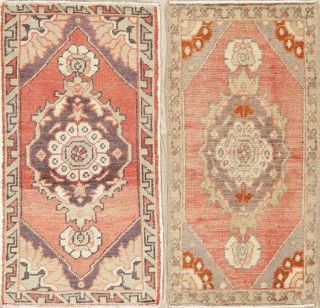 Pack Of 2 Vintage Muted Oushak Turkish Oriental Area Rug Distressed Coral 2 