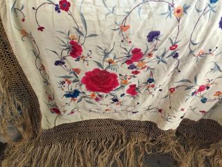 Exquisite Antique Victorian Silk Floral Shawl,  Color & White Embroidery