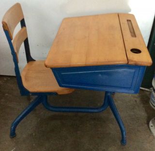 Antique Child Adj.  School Desk & Swivel Chair Cast Iron & Wood W/ Inkwell - 1925 - 45