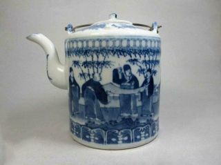 Antique Chinese 19th Blue And White Figure Pattern Teapot
