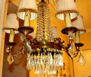 An Heavy Vintage French Bronze & Crystal Chandelier Ceiling Light Lamp