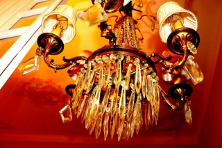 AN HEAVY VINTAGE FRENCH BRONZE & CRYSTAL CHANDELIER CEILING LIGHT LAMP 6