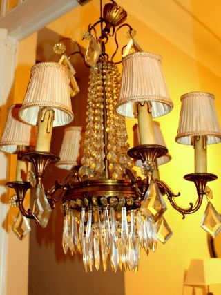 AN HEAVY VINTAGE FRENCH BRONZE & CRYSTAL CHANDELIER CEILING LIGHT LAMP 8