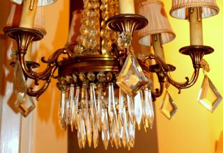 AN HEAVY VINTAGE FRENCH BRONZE & CRYSTAL CHANDELIER CEILING LIGHT LAMP 9