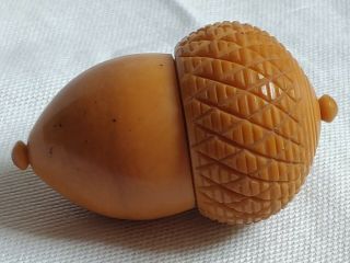 Antique Carved Celluloid Large Acorn Trinket Pill Box Circa 1930 With Screw Cup