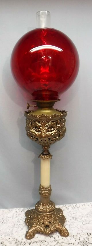 Antique Pittsburgh Banquet Parlor Oil Lamp Marble Metal Round Ruby Red Globe