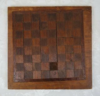 Antique 19th Century Primitive Folk Art Inlaid Wood Game Board Chess Checkers