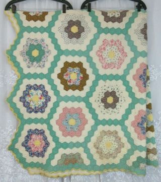 Antique 1920s Grandmothers Flower Garden Quilt Hand Stitched Honeycomb 70 " X 80 "