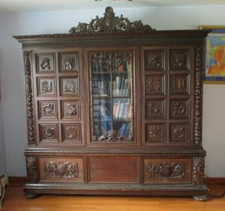 Antique Bookcase Cabinet,  Hand - Carved Wood,  Hungary 1890 
