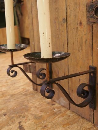 LARGE BRASS CHURCH CANDLES ON IRON BRACKETS SPRING LOADED INTERNAL WAX CANDLES 10